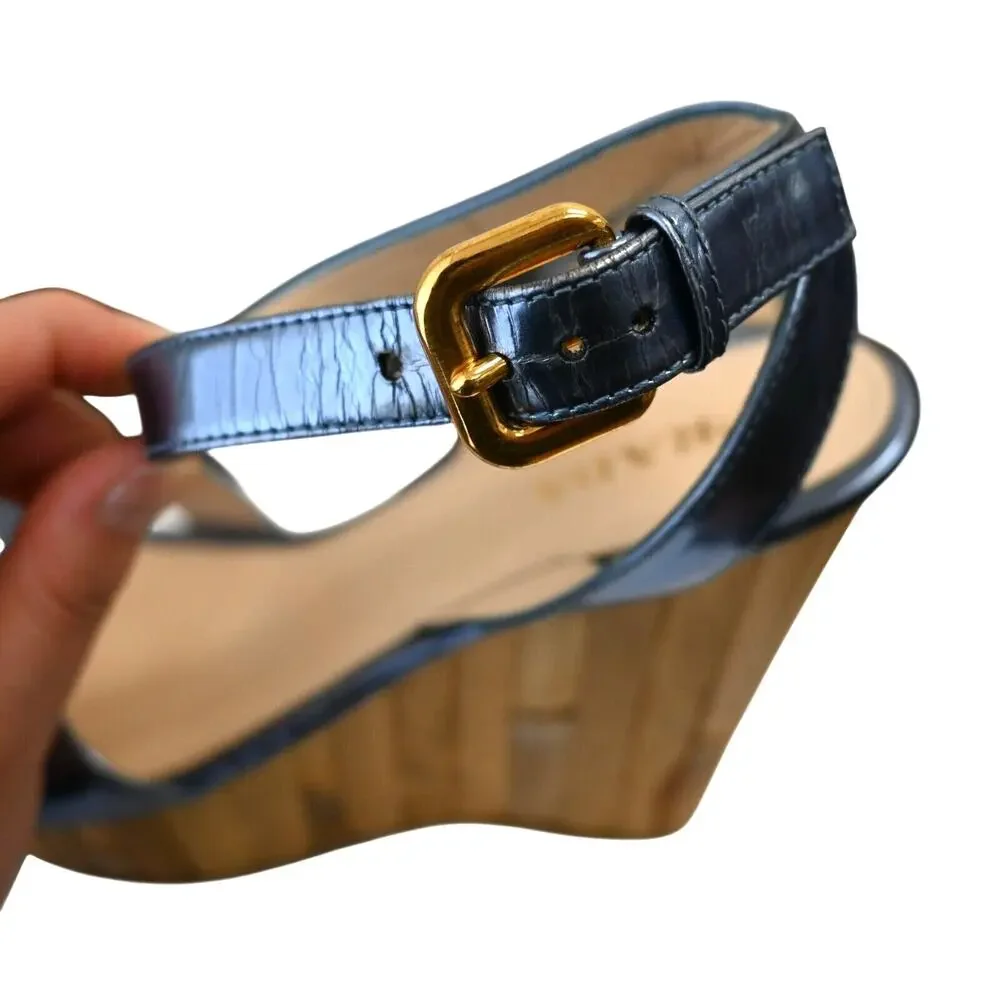 Prada Blue Metallic Leather Bamboo Wedge Platform Sandals Size 39